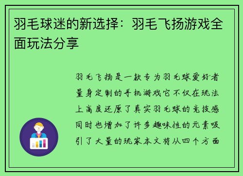 羽毛球迷的新选择：羽毛飞扬游戏全面玩法分享
